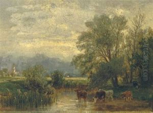 Weidelandschaft Mit Kuhen An Der Tranke Und Kirchdorf Im Hintergrund by Wilhelm Kuehling