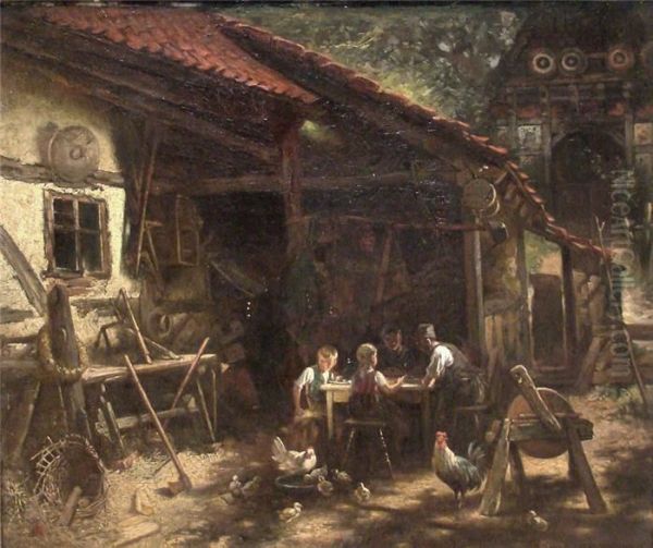 Sonnendurchflutete Ansicht Eines Gehofts Mit Einer Bauernfamilie Bei Der Vesper - view 1