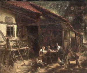 Sonnendurchflutete Ansicht Eines Gehofts Mit Einer Bauernfamilie Bei Der Vesper Sonnendurchflutete Ansicht Eines Gehofts Mit Einer Bauernfamilie Bei Der Vesper