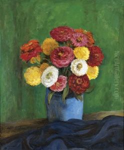 Still Life With Zinnias In A Blue Vase