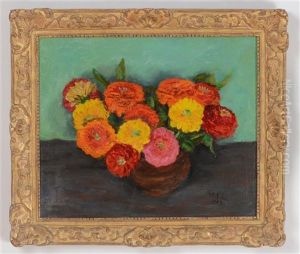 Zinnias In Brown Crock by Walt Kuhn
