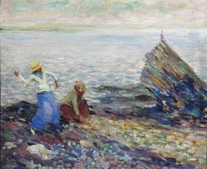 Two Women Throwing Rocks By Seashore by Walt Kuhn