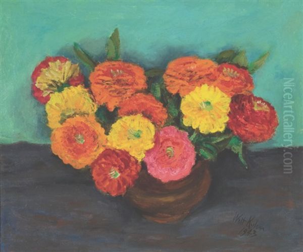 Zinnias In A Brown Crock - view 1
