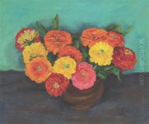 Zinnias In A Brown Crock by Walt Kuhn