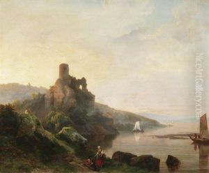 Romantische Rheinlandschaft Mit Burgruine Im Abendrot by Pieter Lodewijk Kuhnen