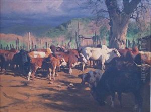 Zebuherde. Zebuherde Im Kral Unter Grosem Baum. Blick In Weite Landschaft by Wilhelm Friedrich Kuhnert