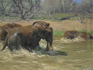 Elephants In A River by Wilhelm Friedrich Kuhnert
