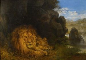Two Lions In A Cave by Wilhelm Friedrich Kuhnert