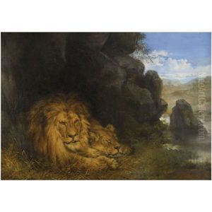 Two Lions In A Cave by Wilhelm Friedrich Kuhnert