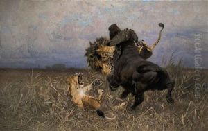 Lions In Combat With A Cape Buffalo by Wilhelm Friedrich Kuhnert