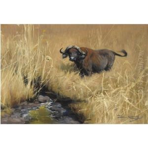 Buffel An Einer Wasserstelle In Der Savanne (a Water Buffalo At A Watering Hole In The Savannah) by Wilhelm Friedrich Kuhnert