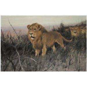 Lowen In Verbrannter Steppe (lions In A Burnt Steppe) by Wilhelm Friedrich Kuhnert