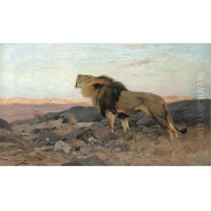 Brullender Lowe In Steiniger Steppe (a Roaring Lion) by Wilhelm Friedrich Kuhnert