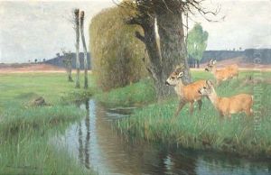 Truber Fruhlingsmorgen. Drei Rehe An Einem Bachlauf by Wilhelm Friedrich Kuhnert
