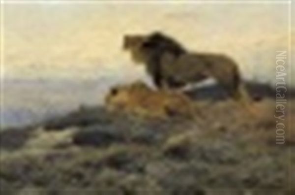 Lowenpaar In Der Savanne, Elephanten Beobachtend - view 1