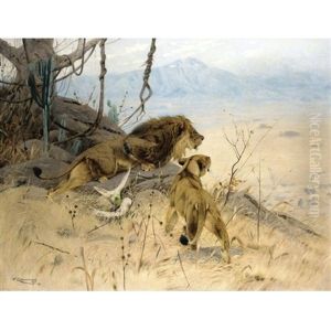Lowe Und Lowin Erspahen Eine Zebraherde (lion And Lioness Stalking A Zebra Herd) by Wilhelm Friedrich Kuhnert