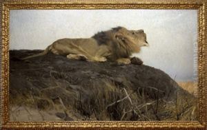 Brullender, Auf Einer Anhohe Majestatisch Liegender Lowe In Afrikanischer Savanne by Wilhelm Friedrich Kuhnert