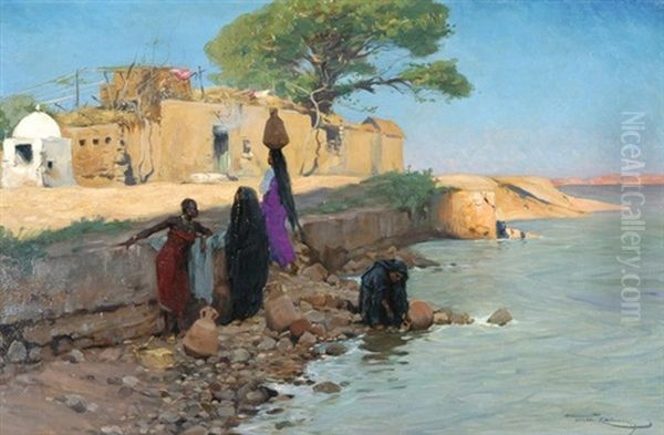Nordafrikanische Flusslandschaft Mit Frauen Beim Wasserholen - view 1