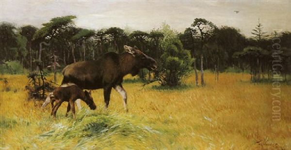 Moose With Her Calf In A Landscape - view 1