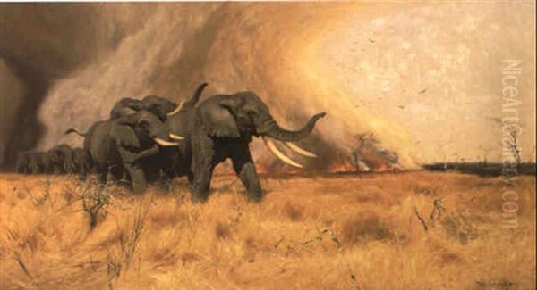 Elephants Moving Before A Veldt Fire - view 1
