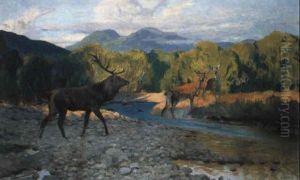 Hirsch Und Hirschkuehe Am Waldbach by Wilhelm Friedrich Kuhnert