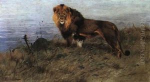 A Lion Stalking by Wilhelm Friedrich Kuhnert