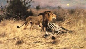 Lowe Mit Erlegtem Zebra by Wilhelm Friedrich Kuhnert