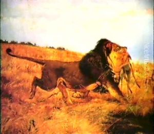 Lowe Mit Erlegter Antilope by Wilhelm Friedrich Kuhnert