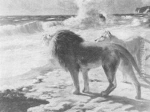 A Lion And Lioness On The Shore by Wilhelm Friedrich Kuhnert