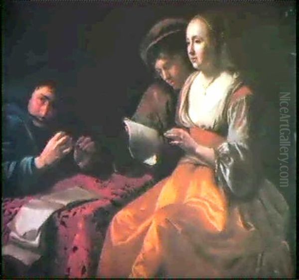 A Young Woman And Two Youths Making Music At Table - view 1