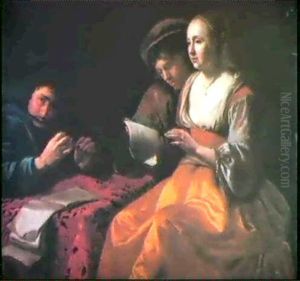 A Young Woman And Two Youths Making Music At Table by Gysbert (Gerard) van der Kuil