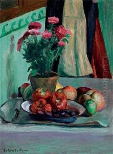 Studio Still Life With Flowers And Fruits by Nana Kukovetz