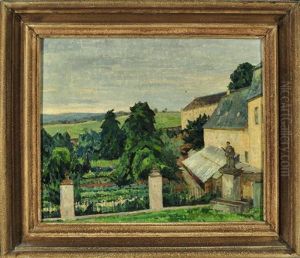 Blick Von Einem Herrschaftlichen Garten Mit Skulptur In Eine Weite Landschaft by Willhelm Kukuk