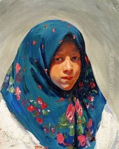 Portrait Of A Young Russian Woman With A Flowered Headscarf