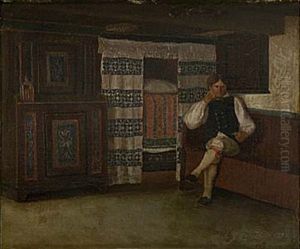 Allmogeinterior Med Sittande Ung Man by Jakob Kulle