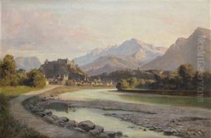 Blick Vom Salzachufer Auf Salzburg Mit Festung Und Untersberg by Franz Kulstrunk