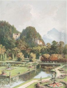Der Hellbrunner Park Mit Dem Monatsschlossl, Im Hintergrund Der Untersberg by Franz Kulstrunk