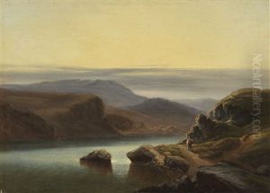 Schottische Landschaft Mit Fischer Am Ufer by Carl Robert Kummer