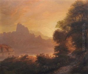 Abendliche Fluslandschaft Mit Ziegenherde, Im Hintergrund Berge