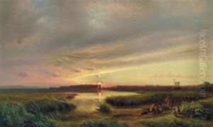Abendlandschaft Mit Einem See Und Hirten
