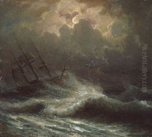 Ein Dreimaster Auf Bewegter See Bei Vollmond
