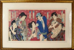 Kabuki Actors (triptychs) (3 Works) by Toyohara Kunichika