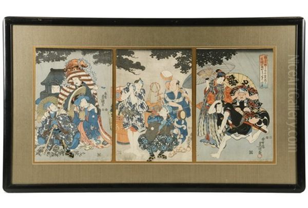 Triptych Of A Traveling Troupe Of Entertainers Caught In A Sudden Rainstorm - view 1