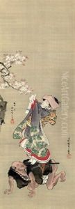 Beauty Hanging A Poem Slip From A Cherry Branch (collab. W/hanabusa Ikkei) by Utagawa Kunisada