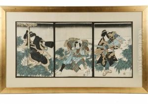 Yakusha-e Triptych Of Scene From The Kabuki Theatre by Utagawa Kuniyoshi