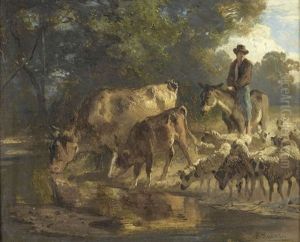 Reitender Hirte Mit Kuhen Und Schafen by Jean-Jules Adrien Kunkler