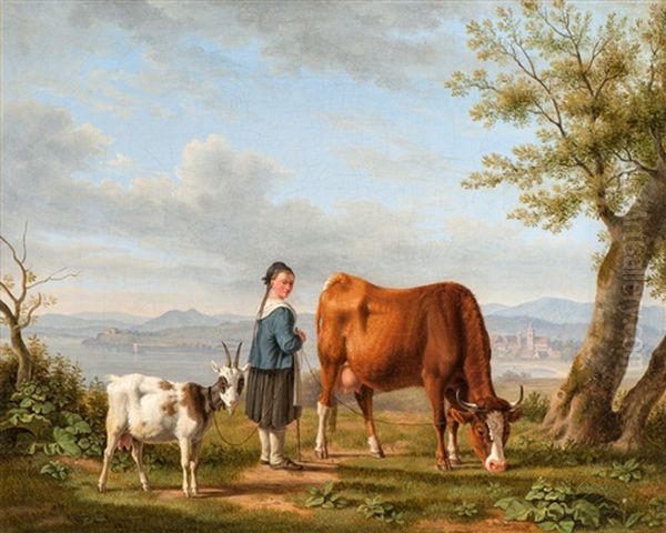 Young Herdswoman With A Cow And A Goat, Standing At A Lakeside - view 1
