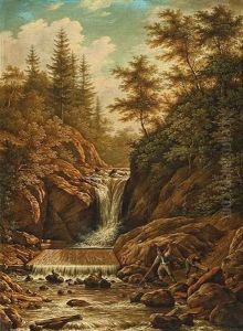 Baumgesaumter Felsiger Flusslauf, Im Vordergrund Bergen Waldarbeiter Holzstamme Aus Dem Wasser