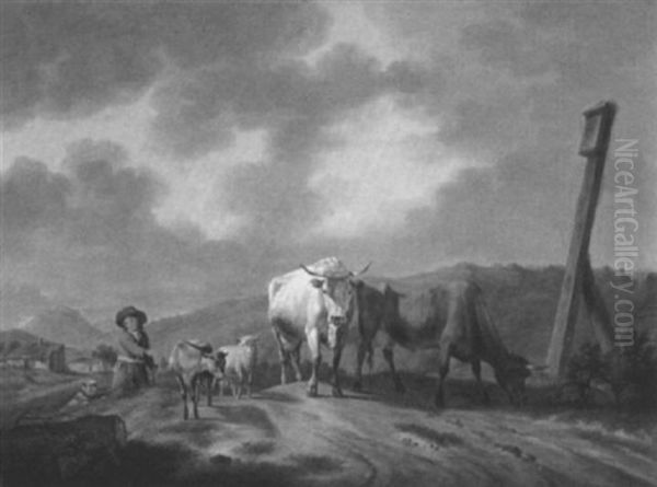 Junger Hirte Mit Hund Und Herde Auf Einem Feldweg  In Bergiger Landschaft - view 1