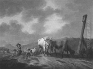 Junger Hirte Mit Hund Und Herde Auf Einem Feldweg In Bergiger Landschaft by Karl Kuntz
